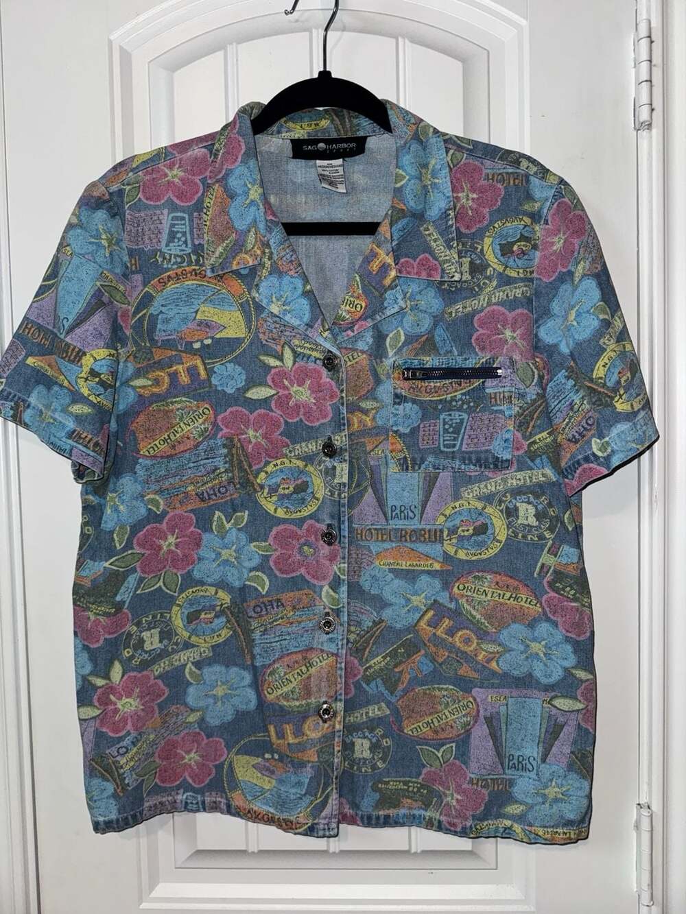 Vintage Sag Harbor Sport Travel Passport All Over Print Denim Camp Shirt